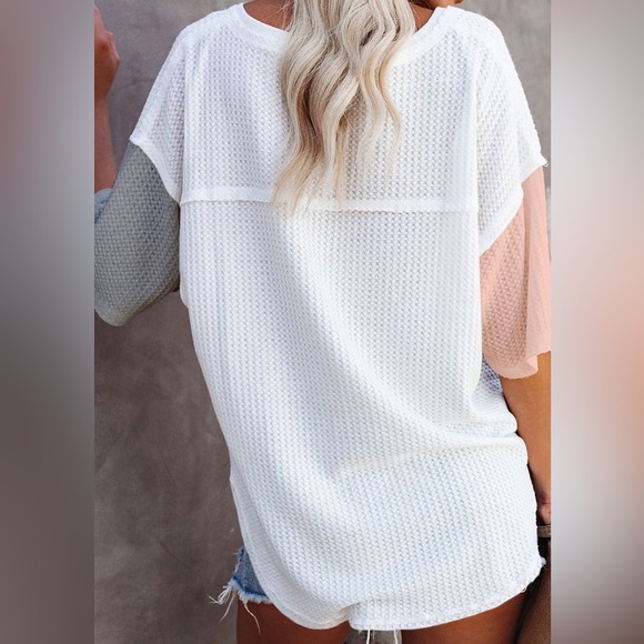 🔥🔥Multi Color Waffle Color Block Short Sleeve Top - Picture 3 of 5